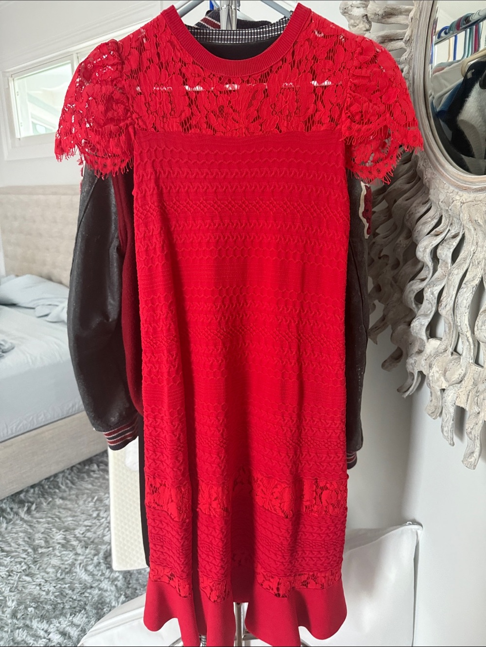 Boutique Red Lace Knit Short-Sleeve Dress - Women's